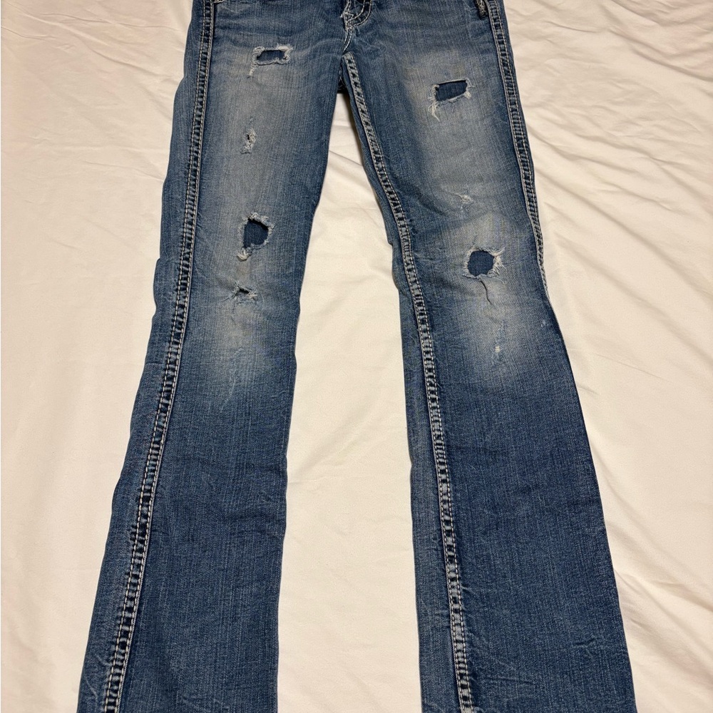 Silver Jeans Distressed Flare Blue Denim